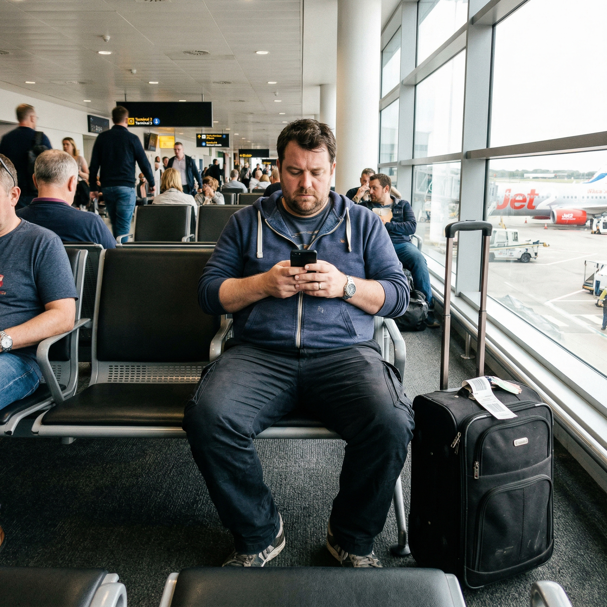 Business man checking phone at airport