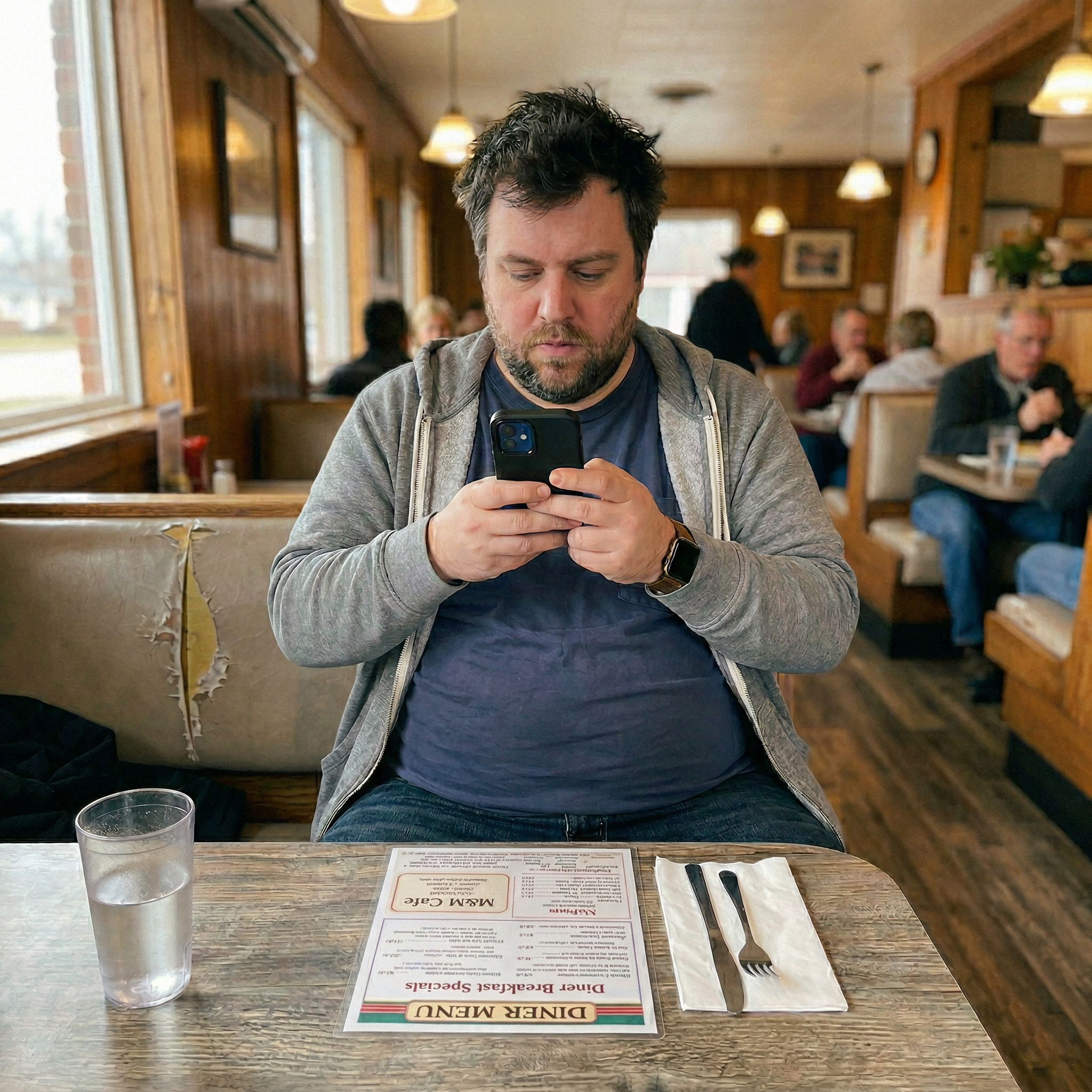 Man messaging his coach at a restaurant